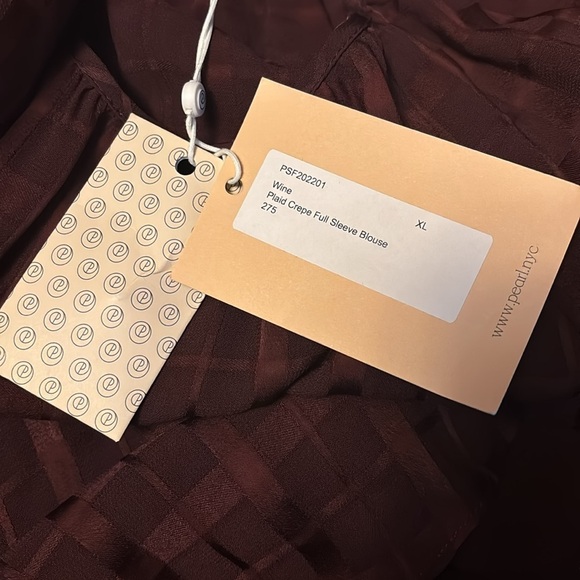 PEARL LELA ROSE Wine Plaid Crepe Full Sleeve Blouse Size XL - Picture 7 of 9